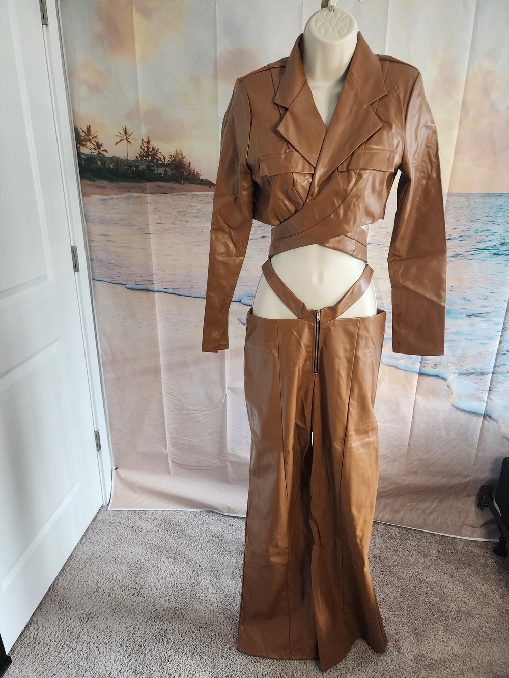 WinWin Brown Faux Leather Two-Piece Wrap Jacket and High-Waist Pants set.